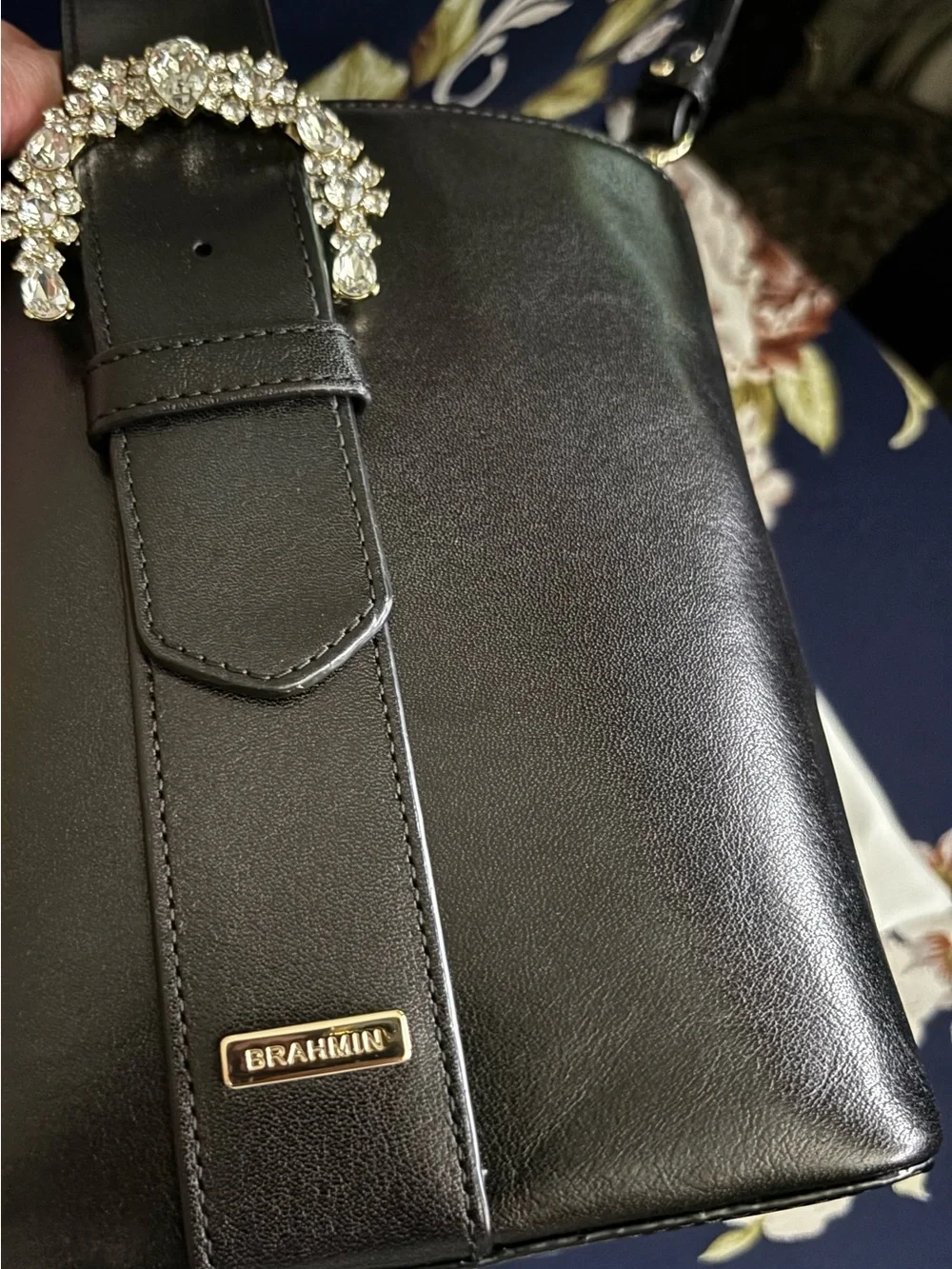 Brahmin Luxe Faith Crystal Buckle Bucket Bag Black Leather Crossbody